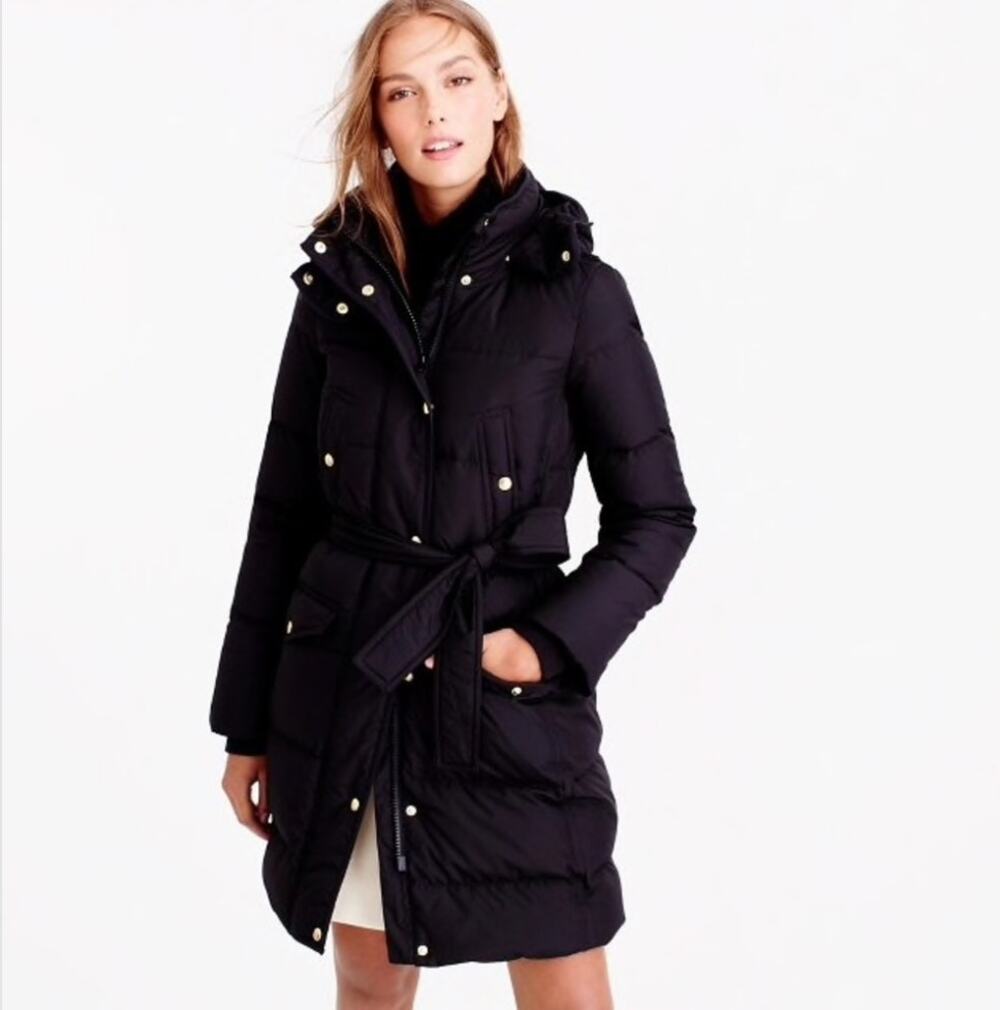 J. Crew Long Belted Puffer Jacket Black 19471 Size M